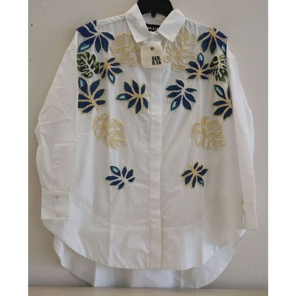 SER.O.YA Women Sz 2XS White Oversized Embellished Beaded Button-Up L/S Shirt - Picture 3 of 13